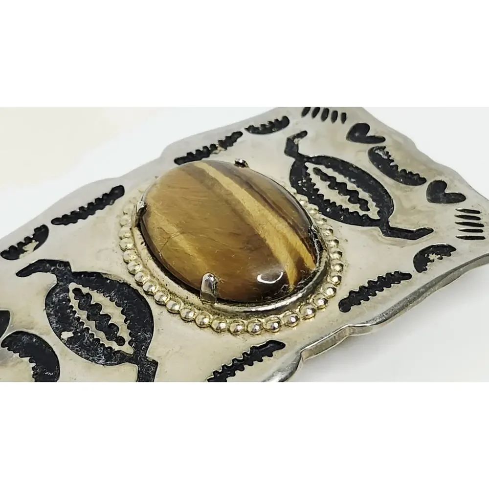 Vintage Southwestern Silver Tone Belt Buckle Genuine Tiger Eye Stone Cabochon